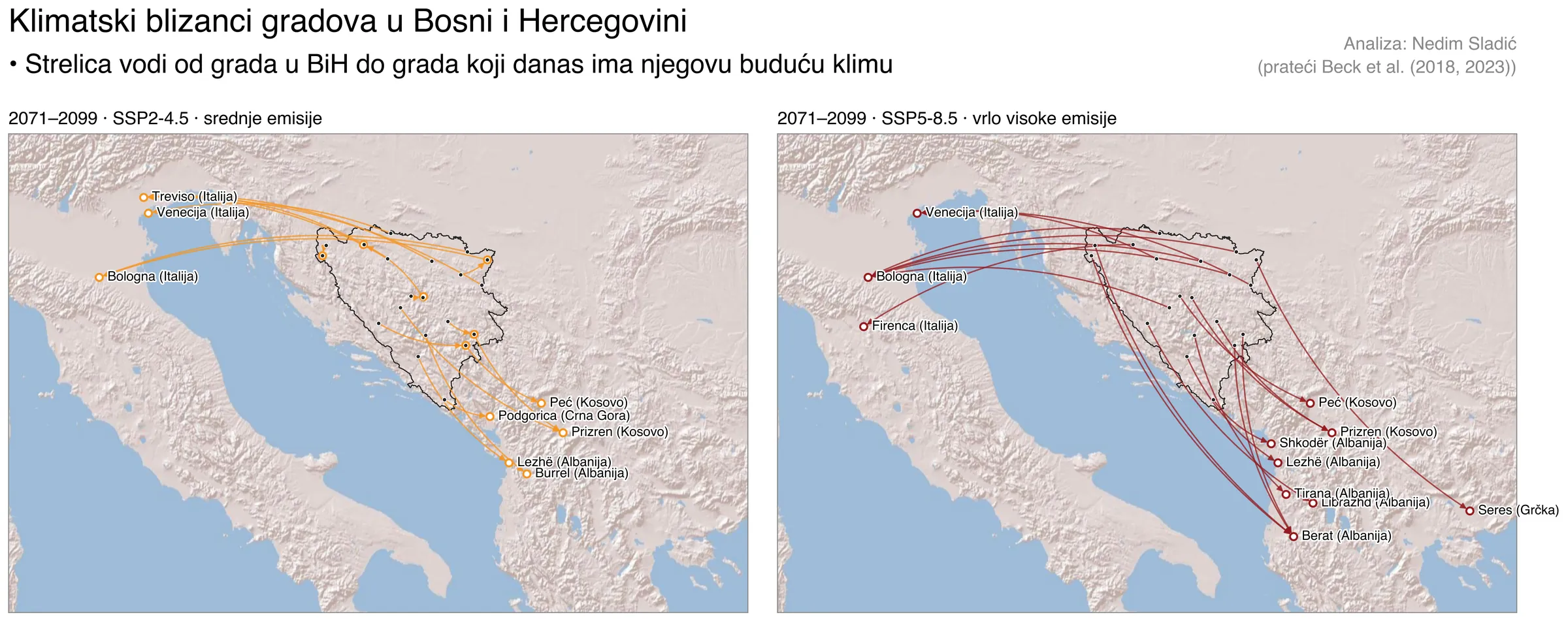 Karta sa strelicama od gradova u BiH do njihovih klimatskih blizanaca
