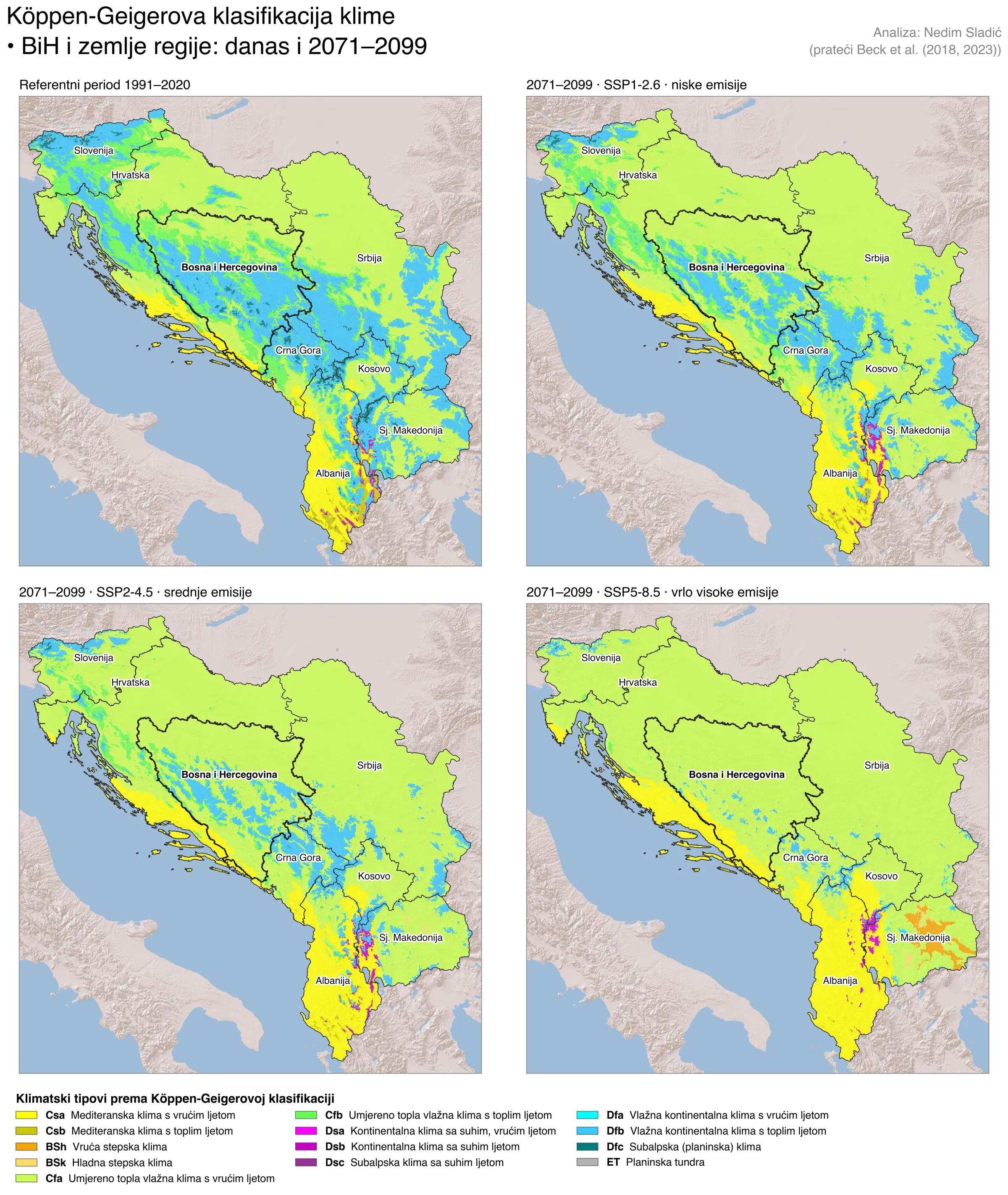 Karte klimatskih tipova za BiH i zemlje regije, danas i 2071–2099